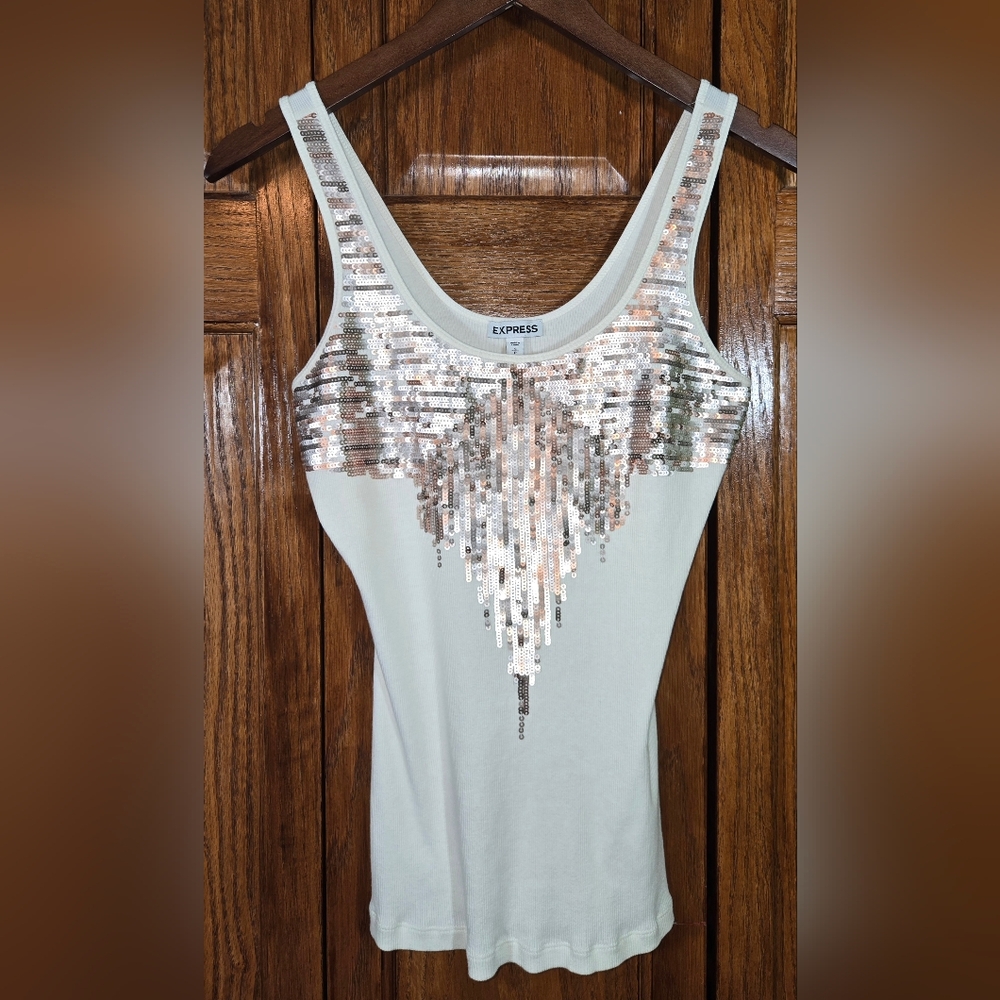 Express Rose Gold Sequined Ribbed Cream Color Fitted Tank Sz S